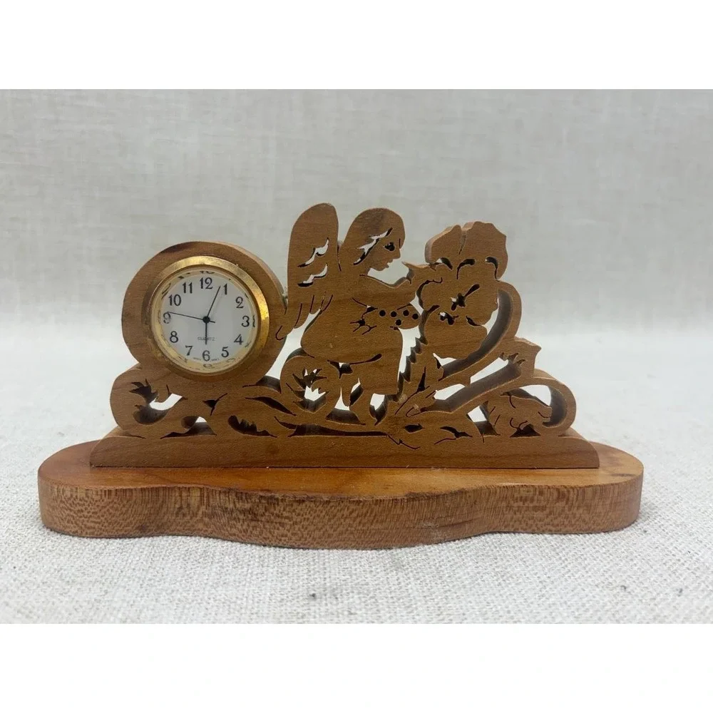 Vintage Hand‎ Carved Wood Angel Desk Clock Quartz Floral Scrollwork Decor